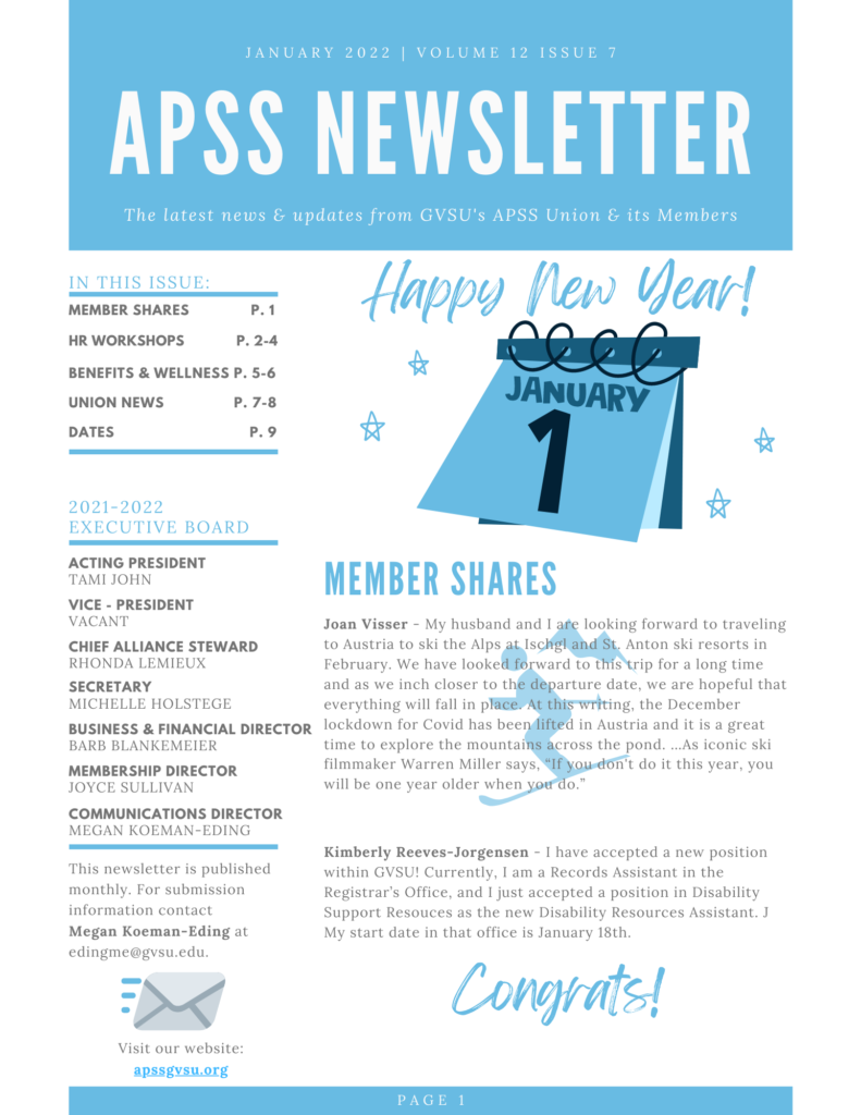 APSS January Newsletter front page