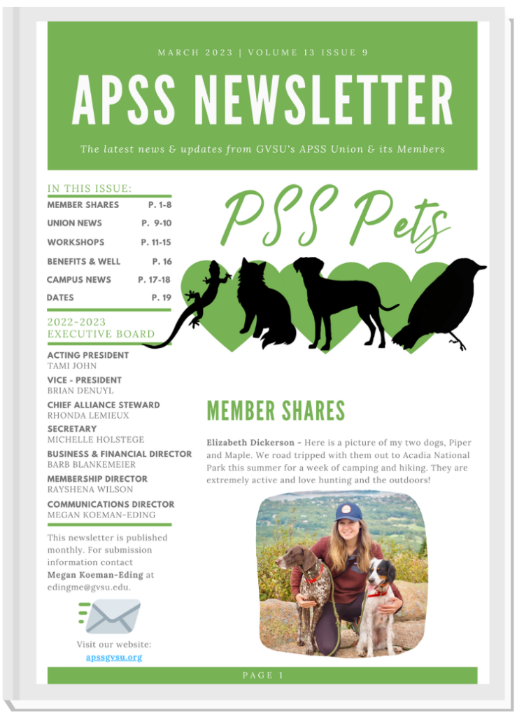 Front cover of March 2023 APSS newsletter